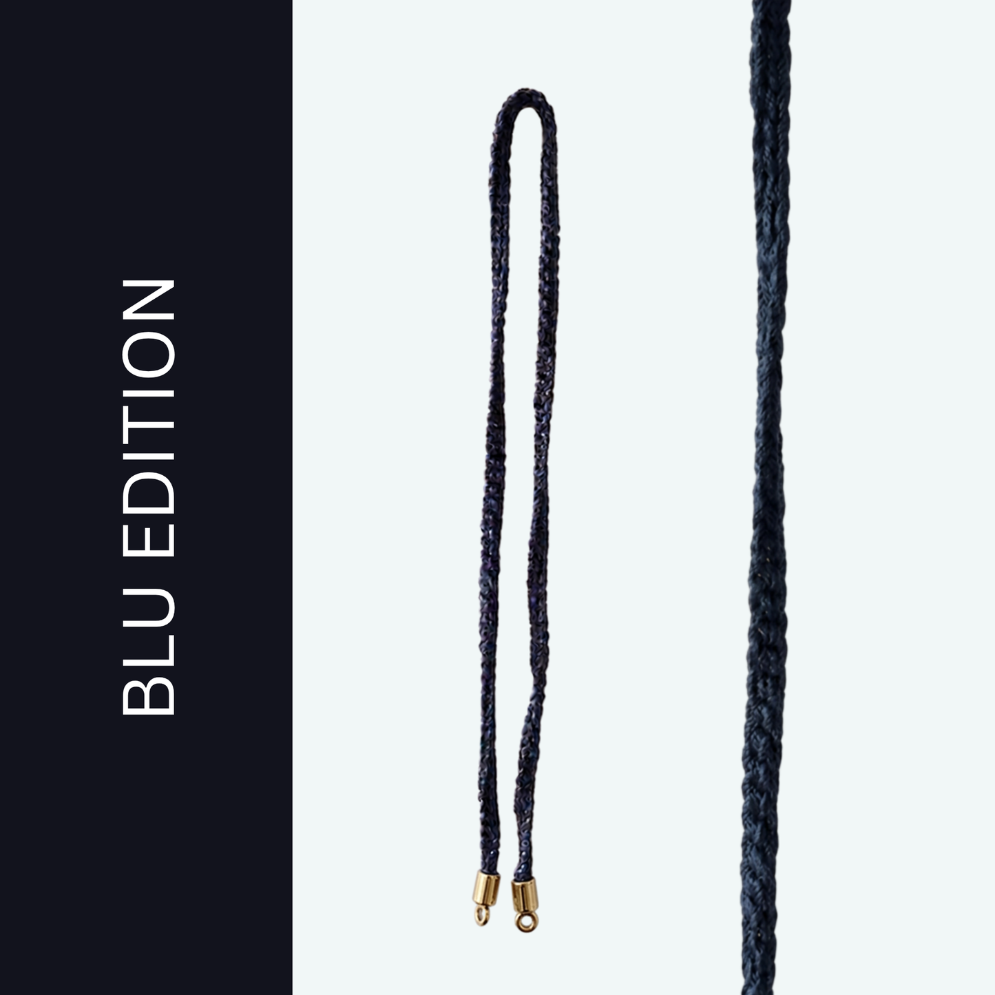 Solo Cordino Occhiali È NA ROBA Blu Edition, intrecciato a mano in filo blu navy con terminali dorati